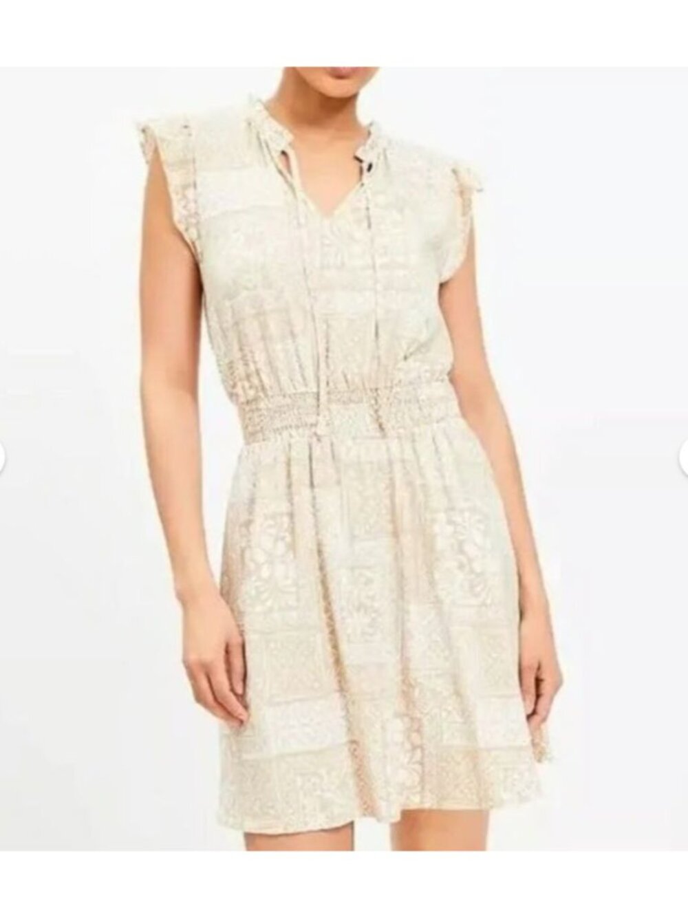 LOFT Sleeveless Fit & Flare Dress Geometric Print Medium Tan White